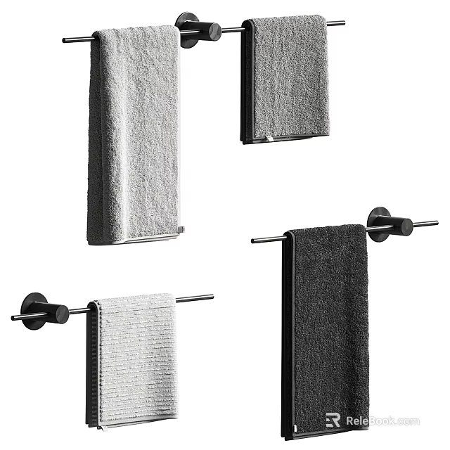 Contemporary Bathroom Towel Racks Featuring Hanging Gray Black Towels And Metal Bars 3d model 