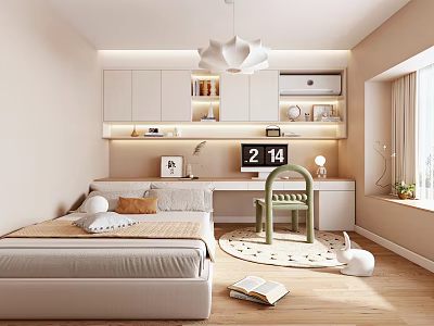 Modern Style Tatami Bedroom With White Bed Pillows Desk Computer Lamp Green Chair Wooden Floor 3d model