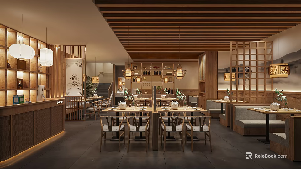 Japanese Style Restaurant Interior With Wooden Ceiling Lanterns And Screen Partitions 3d model 
