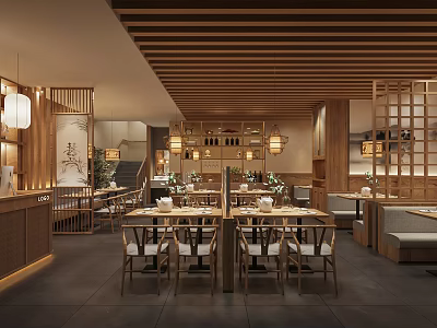 Japanese Style Restaurant Interior With Wooden Ceiling Lanterns And Screen Partitions 3d model