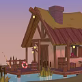 Cartoon Scene of Waterfront Wooden Cabin With Thatched Roof Lanterns Life Preserver and Dock