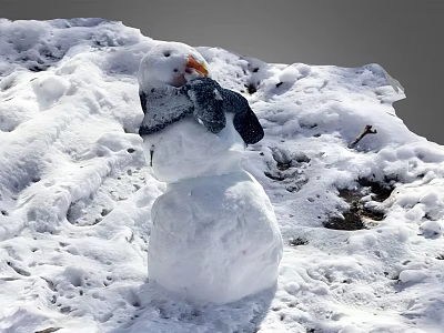 Outdoor Winter Snowman With Carrot Nose And Scarf On Snowy Ground 3d model