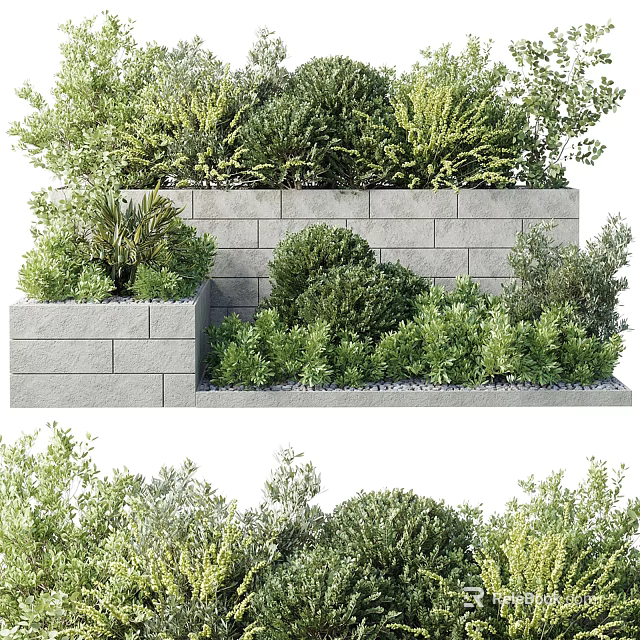 Lush Potted Plants Arranged Against Stone Wall With Green Foliage And Varied Species 3d model 