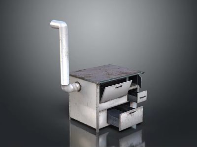 Old Fashioned Metal Heating Stove With Long Pipe And Storage Drawers 3d model
