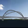 White Arch Bridge with Modern Design Spanning Calm Water Under Blue Sky and White Clouds