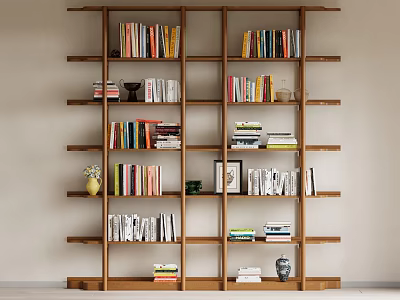 Sturdy Wooden Open Shelf With Multiple Tiers Displaying Books Decorative Pieces And Vases 3d model