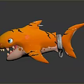 Orange Shark Cartoon Toy With Black Stripes Blue Eyes Open Mouth Sharp Teeth Silver Collar