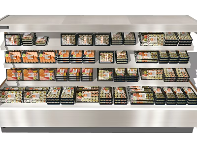 Stainless Steel Display Freezer with Multiple Shelves Holding Various Packaged Foods 3d model
