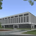 Modern White Office Building With Large Glass Windows Trees And Water Pool