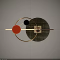 Modern Geometric Wall Decor With Golden Frame Orange Circle Black Grid And Pearl Accent