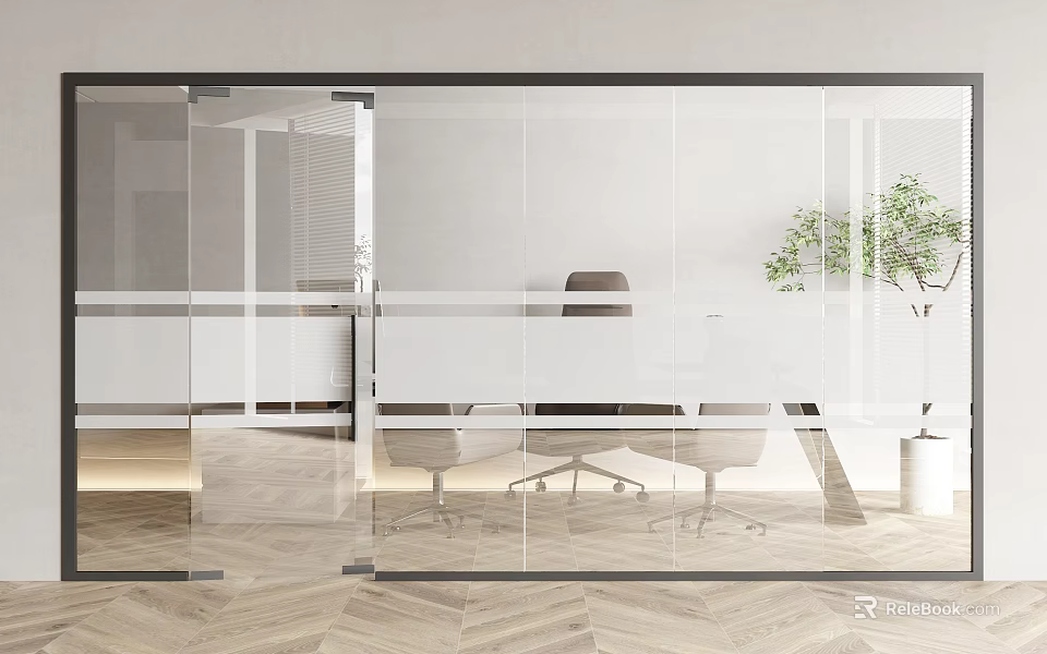 Modern Office Meeting Room With Glass Partitions Office Desk Chairs And Plant 3d model 