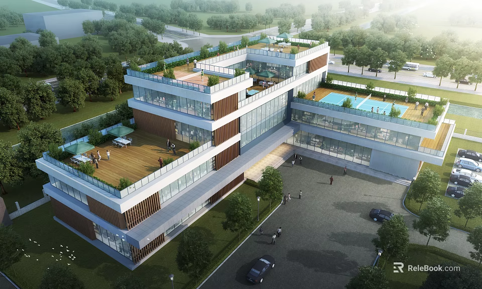 Modern Office Building With Glass Facade Rooftop Garden And Landscaped Surroundings 3d model 