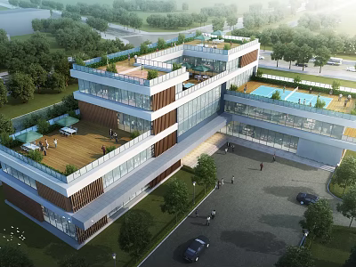 Modern Office Building With Glass Facade Rooftop Garden And Landscaped Surroundings 3d model