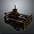 Vintage Mechanical Equipment with Metal Structure Wheels Gears Cylindrical Component and Red Chimney