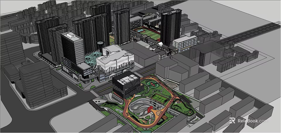 Modern Commercial Street Development With High Rise Buildings Central Plaza And Green Park 3d model 