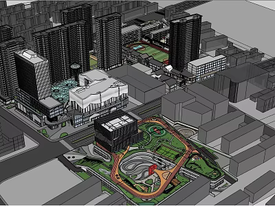 Modern Commercial Street Development With High Rise Buildings Central Plaza And Green Park 3d model