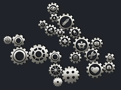 Mechanical Gears And Various Icons Artwork On Black Background Layout 3d model