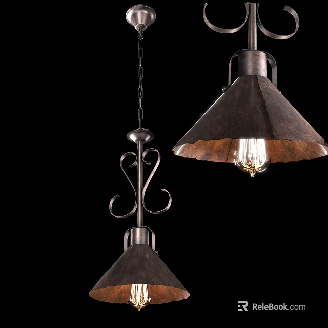 Vintage Rustic Pendant Lights With Metallic Shades Decorative Curved Brackets And Exposed Filament Bulbs 3d model 