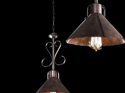 Vintage Rustic Pendant Lights With Metallic Shades Decorative Curved Brackets And Exposed Filament Bulbs 3d model