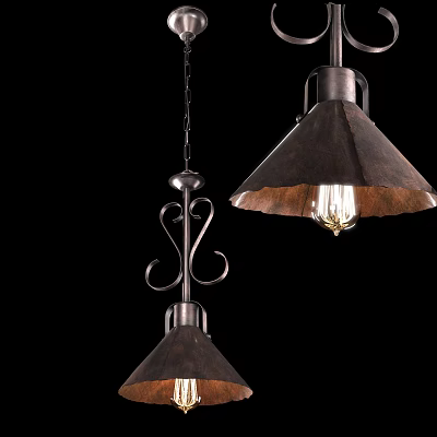 Vintage Rustic Pendant Lights With Metallic Shades Decorative Curved Brackets And Exposed Filament Bulbs 3d model