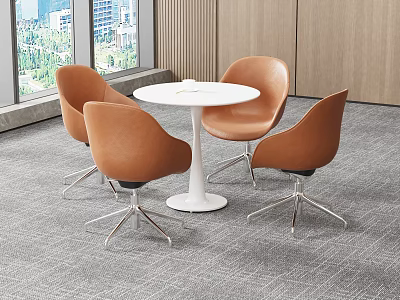 Stylish Brown Leather Leisure Chairs with White Round Table and Metal Base Near Large Windows 3d model