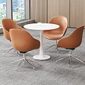 Stylish Brown Leather Leisure Chairs with White Round Table and Metal Base Near Large Windows