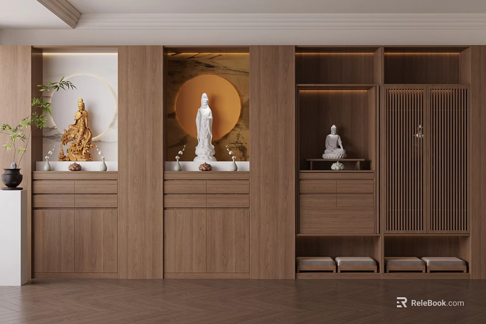Wooden Buddhist Shrine Cabinet With Buddha Statues And Circular Zen Style Decorations 3d model 