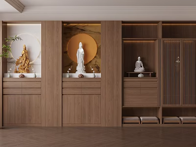 Wooden Buddhist Shrine Cabinet With Buddha Statues And Circular Zen Style Decorations 3d model