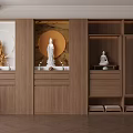 Wooden Buddhist Shrine Cabinet With Buddha Statues And Circular Zen Style Decorations