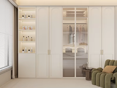 Modern White Wardrobe Interior With Glass Doors Hanging Clothes And Folded Garments 3d model