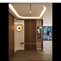 Modern Foyer Hallway Interior Design With Wooden Grille And Circular Pendant Lights