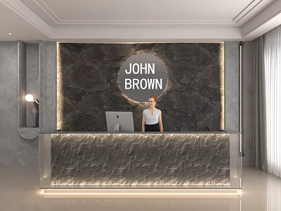 Modern Store Front Desk with John Brown Logo Marble Backdrop Stone Countertop and Elegant Lighting 3d model