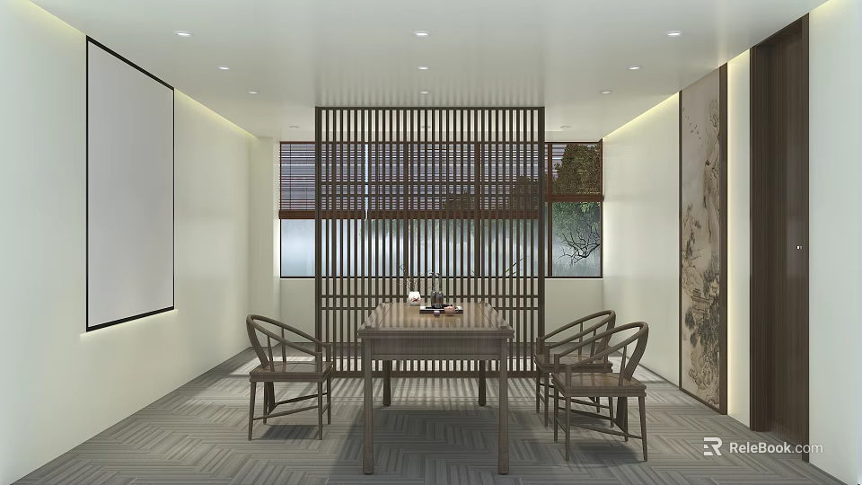 Serene Chinese Tea Room With Wooden Table Chairs Lattice Partition And Wall Art 3d model 