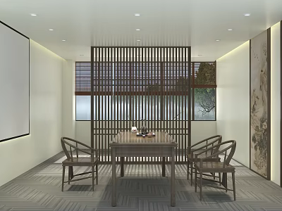 Serene Chinese Tea Room With Wooden Table Chairs Lattice Partition And Wall Art 3d model