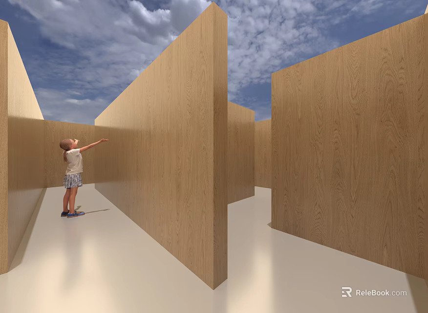 Cultural Center Interactive Art Installation With Wooden Walls And Child Exploring 3d model 