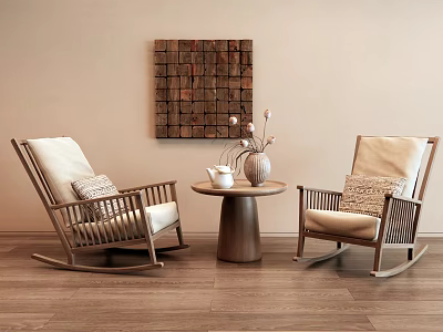 Comfortable Rocking Chairs With Round Side Table And Wooden Wall Art 3d model