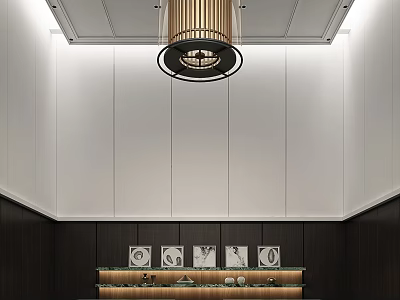 Modern Luxury Store Front Desk With Chandelier White Walls And Dark Counter 3d model