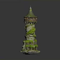 Medieval Stone Tower Structure With Green Conical Roof Ivy Vines And Balcony