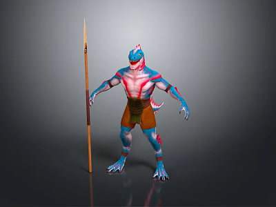 Fantasy Humanoid Creature With Blue Red Skin Holding Spear Brown Loincloth And Clawed Feet 3d model