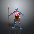 Fantasy Humanoid Creature With Blue Red Skin Holding Spear Brown Loincloth And Clawed Feet