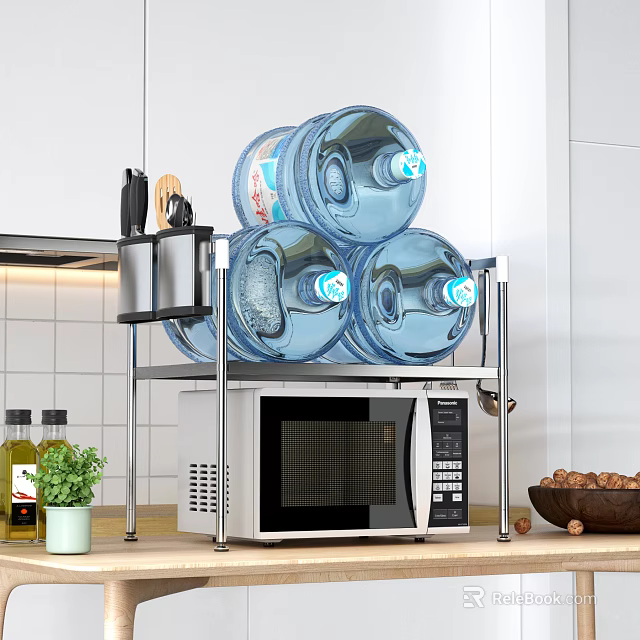 Kitchen Appliance Setup With Microwave Under Metal Shelf Holding Water Bottles And Condiment Bottles 3d model 