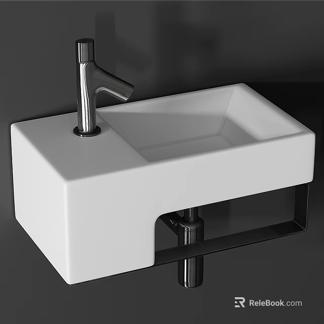 Modern White Ceramic Washbasin With Sleek Design And Metal Faucet For Bathroom 3d model 