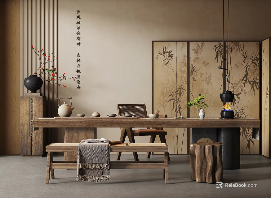 Traditional Tea Room Interior With Bamboo Screen Wooden Furniture Tea Set And Calligraphy Decoration 3d model 