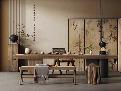 Traditional Tea Room Interior With Bamboo Screen Wooden Furniture Tea Set And Calligraphy Decoration 3d model