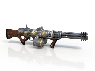 Steampunk Heavy Machine Gun Heavy Machine Gun Multi-barrel Gun Wooden Grip Metal Decoration Gear Structure Retro Weapon Sci-fi Gun Steam Style Weapon 3d model