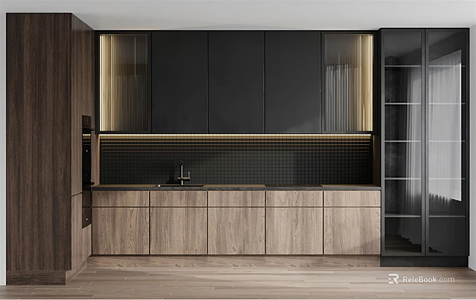 Modern Kitchen Interior Design With Black Wood Tone Cabinets And Glass Doors 3d model 