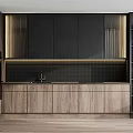 Modern Kitchen Interior Design With Black Wood Tone Cabinets And Glass Doors