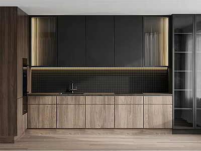 Modern Kitchen Interior Design With Black Wood Tone Cabinets And Glass Doors 3d model