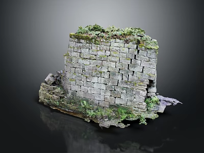 Old Broken Gray Brick Wall Ruins With Naturally Growing Moss And Scattered Stones 3d model