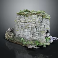 Old Broken Gray Brick Wall Ruins With Naturally Growing Moss And Scattered Stones